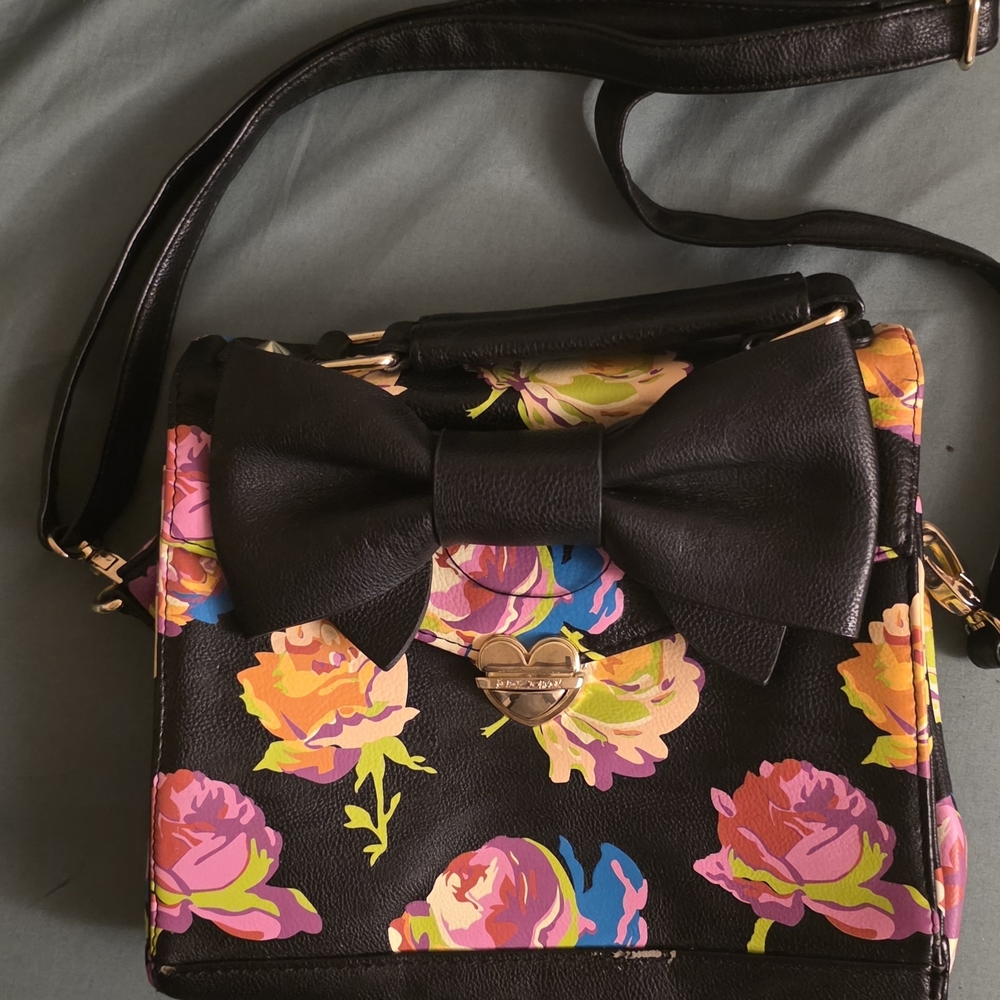 Betsey Johnson Vibrant Floral Crossbody Bag with Black Bow